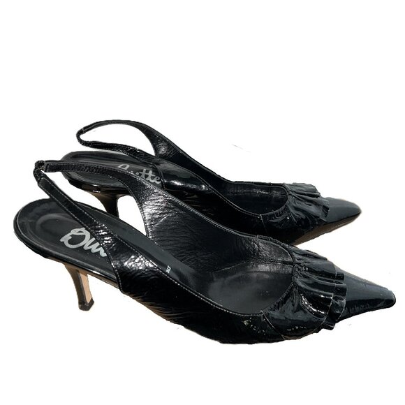 Butter Black Patent Leather Italian Leather Slingback Pump Pointed Toe Heels - Picture 1 of 10
